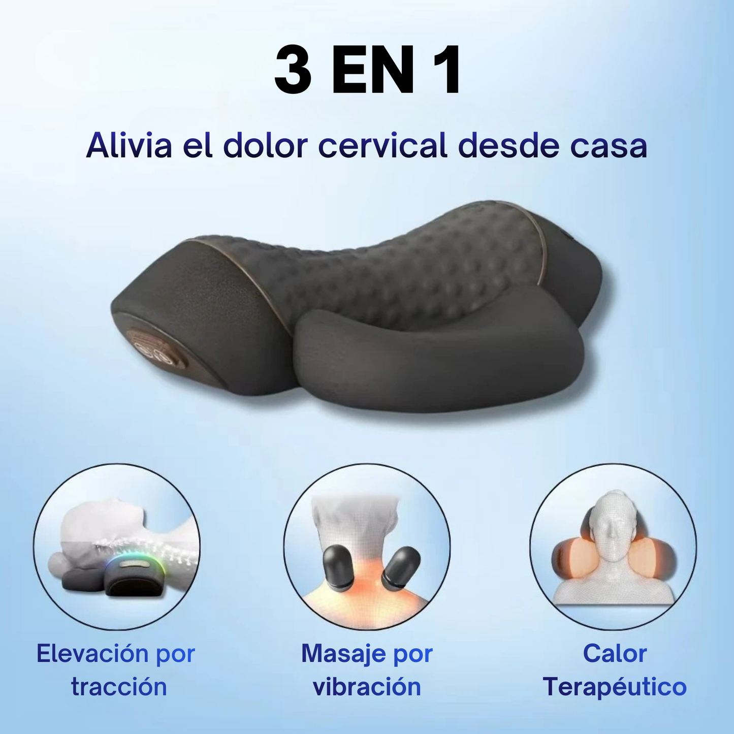 Almohada Cervical 3 en 1 con Masaje, Calor y Tracción para Alivio del Cuello